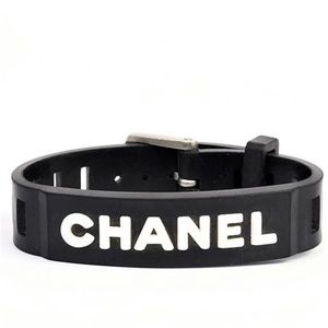Chanel Vintage Rubber Buckle Bracelet Black With White Logo Embossed